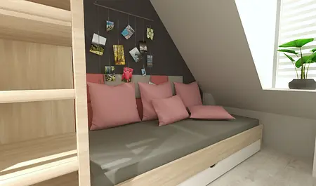 Wnętrze poddasza z szaro-srebrnym łóżkiem, różowymi poduszkami i rośliną.
