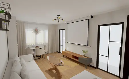 Współczesne wnętrze z białą sofą, drewnianym stołem i dużymi oknami.