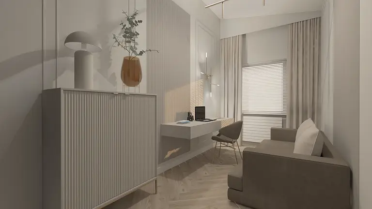 Wnętrze gabinetu z biurkiem, szafką i rośliną w stylu glamour