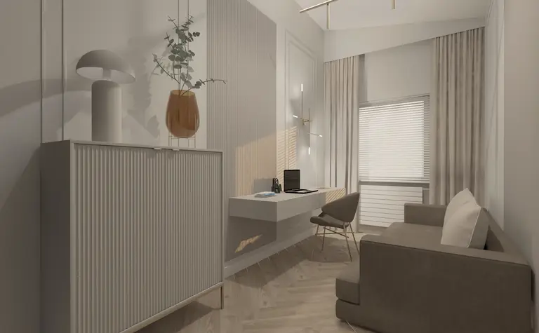 Wnętrze gabinetu z biurkiem, szafką i rośliną w stylu glamour