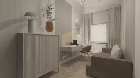 Wnętrze gabinetu z biurkiem, szafką i rośliną w stylu glamour