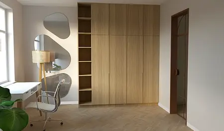 Garderoba z drewnianymi meblami, lampą i lustrem w stylu industrialnym i nowoczesnym.
