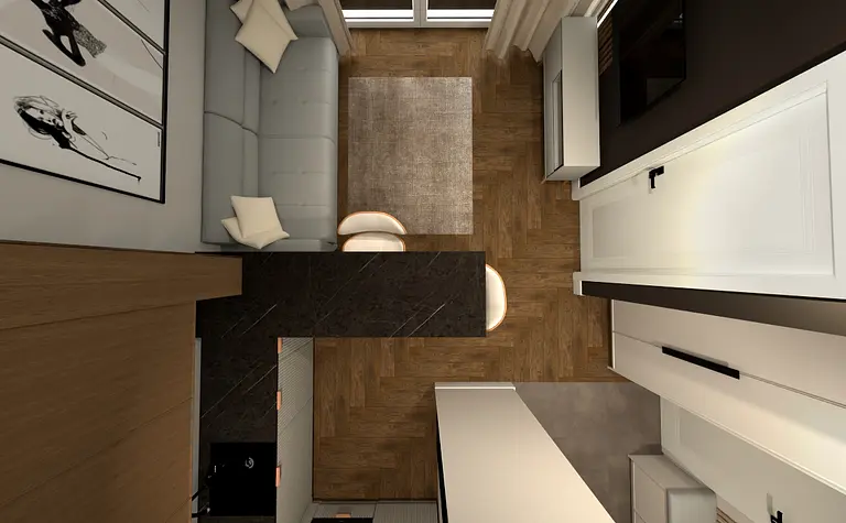 Współczesny salon z szarym dywanem i białymi meblami.