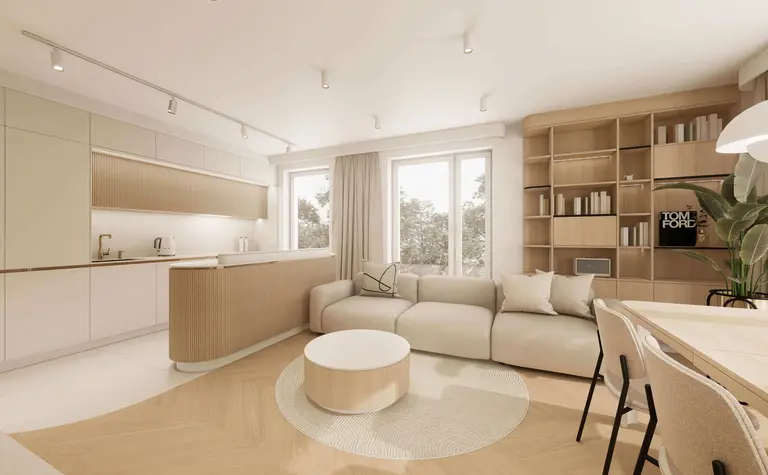 Wnętrze kuchni w stylu japandi, minimalistycznym i quiet luxury z jasnymi meblami.