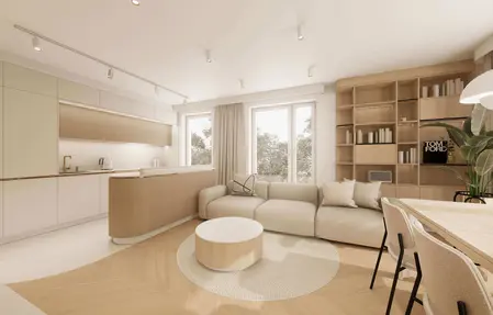 Wnętrze kuchni w stylu japandi, minimalistycznym i quiet luxury z jasnymi meblami.