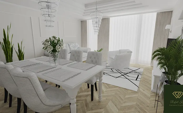 Wnętrze salonu glamour z jasnymi meblami i dekoracjami.