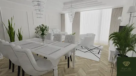 Wnętrze salonu glamour z jasnymi meblami i dekoracjami.