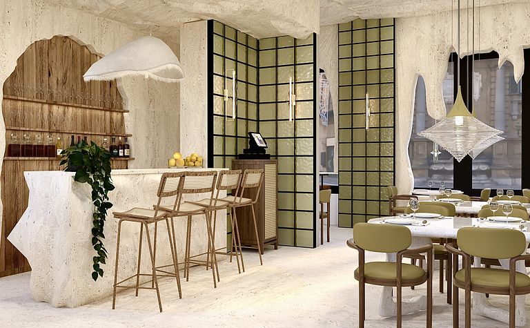 Restauracja w stylu japandi i minimalistycznym z drewnianym barem i jasnymi meblami.