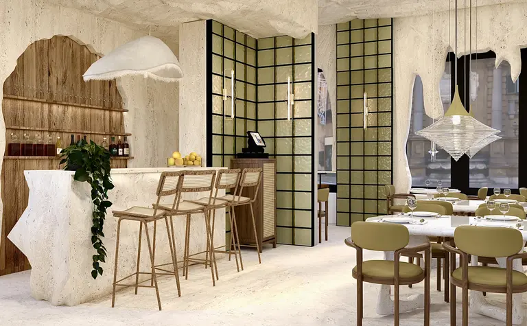Restauracja w stylu japandi i minimalistycznym z drewnianym barem i jasnymi meblami.
