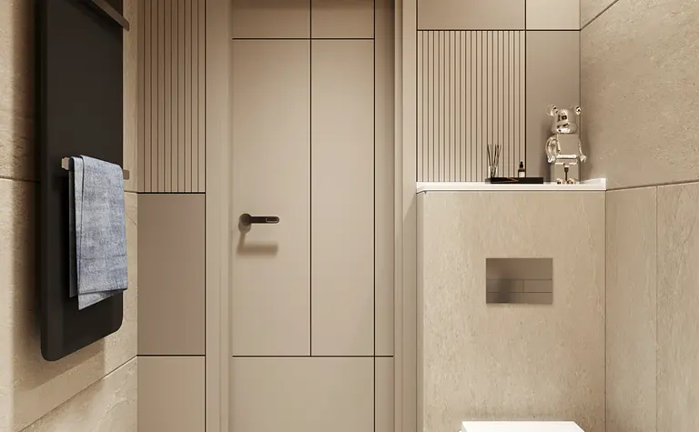 Nowoczesna łazienka w stylu glamour i soft minimalizm z beżowymi płytkami.