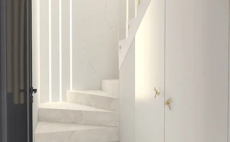 Przedpokój z nowoczesnymi schodami i białą szafą, styl quiet luxury