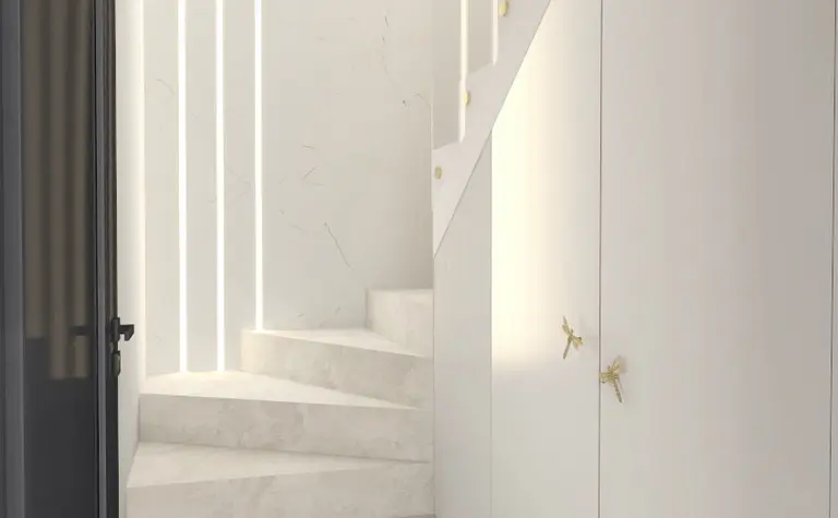 Przedpokój z nowoczesnymi schodami i białą szafą, styl quiet luxury