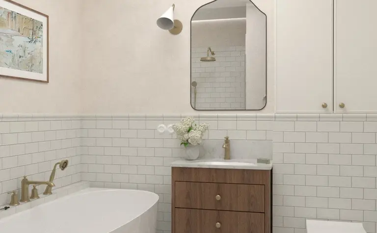 Wnętrze łazienki w stylu art deco, minimalistycznym i tradycyjnym z białą wanną i drewnianymi akcentami.