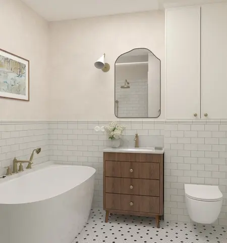 Wnętrze łazienki w stylu art deco, minimalistycznym i tradycyjnym z białą wanną i drewnianymi akcentami.