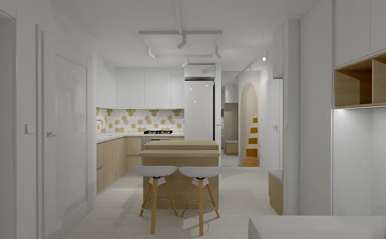 Wnętrze minimalistycznej kuchni z nowoczesnymi i skandynawskimi akcentami.