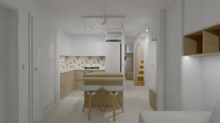 Wnętrze minimalistycznej kuchni z nowoczesnymi i skandynawskimi akcentami.