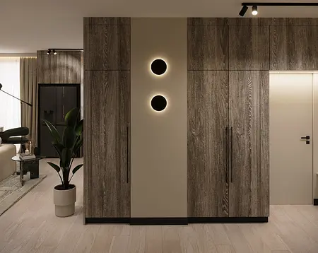 Eklektyczna garderoba z drewnianymi meblami, minimalistycznymi detalami i rośliną.