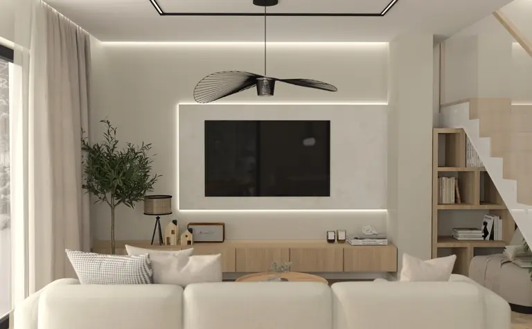 Wnętrze salonu z minimalistycznym designem, białą sofą, drewnianymi akcentami i nowoczesnym oświetleniem.