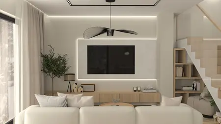 Wnętrze salonu z minimalistycznym designem, białą sofą, drewnianymi akcentami i nowoczesnym oświetleniem.
