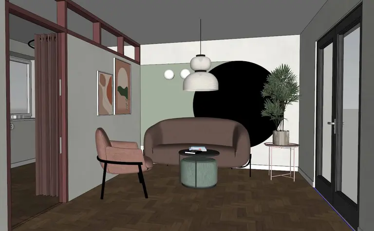 Wnętrze salonu z brązową sofą, zieloną ścianą i nowoczesnymi akcentami w stylu dopamine decor.