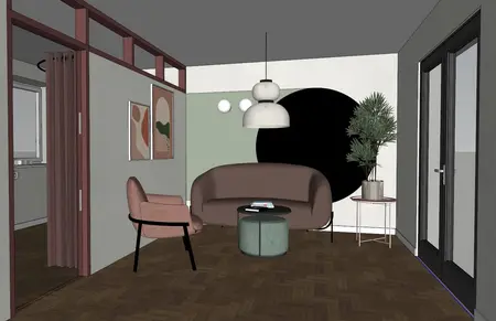 Wnętrze salonu z brązową sofą, zieloną ścianą i nowoczesnymi akcentami w stylu dopamine decor.
