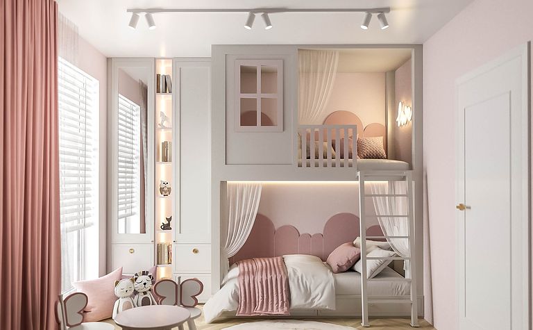 Pokój dla dzieci w stylu glamour i minimaluxe z różowymi detalami.