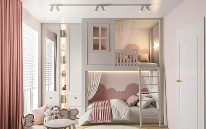 Pokój dla dzieci w stylu glamour i minimaluxe z różowymi detalami.