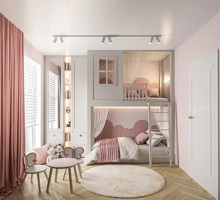 Pokój dla dzieci w stylu glamour i minimaluxe z różowymi detalami.