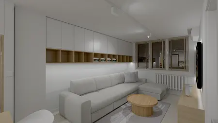 Wnętrze salonu minimalistycznego z białą sofą i drewnianymi akcentami.