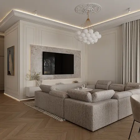 Wnętrze salonu w stylu glamour z szarymi meblami i białymi dodatkami.