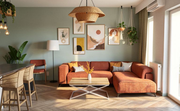 Wnętrze salonu w stylu boho, vintage i współczesnym z rudo-brązową sofą.