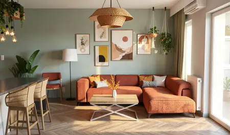 Wnętrze salonu w stylu boho, vintage i współczesnym z rudo-brązową sofą.