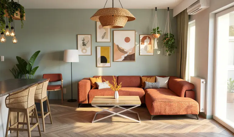 Wnętrze salonu w stylu boho, vintage i współczesnym z rudo-brązową sofą.