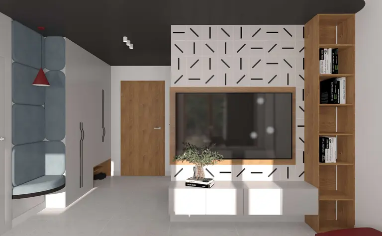 Nowoczesne wnętrze z dopamine decor, szare ściany i drewniane meble.