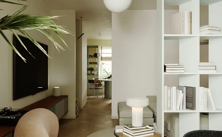 Salon w stylu industrialnym i minimalistycznym z nowoczesnymi meblami.