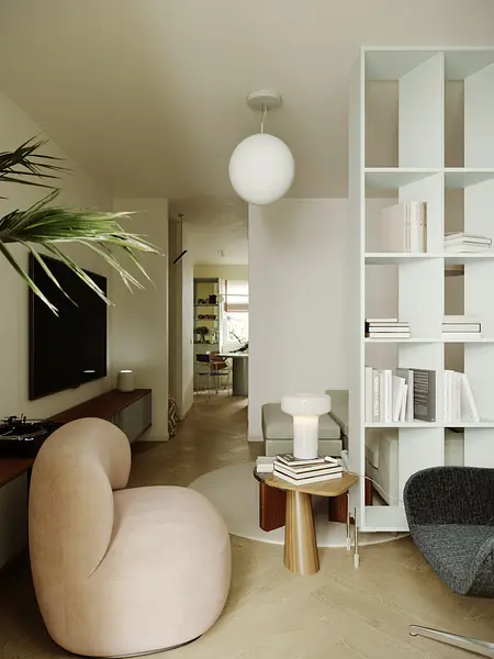 Salon w stylu industrialnym i minimalistycznym z nowoczesnymi meblami.