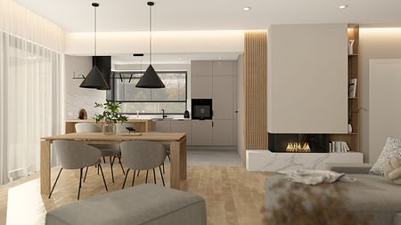 Wnętrze kuchni w stylu japandi, minimalistycznym i skandynawskim z drewnianym blatem.