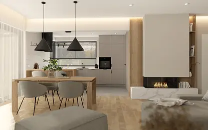 Wnętrze kuchni w stylu japandi, minimalistycznym i skandynawskim z drewnianym blatem.