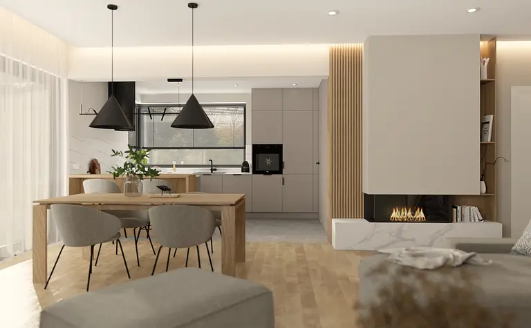 Wnętrze kuchni w stylu japandi, minimalistycznym i skandynawskim z drewnianym blatem.