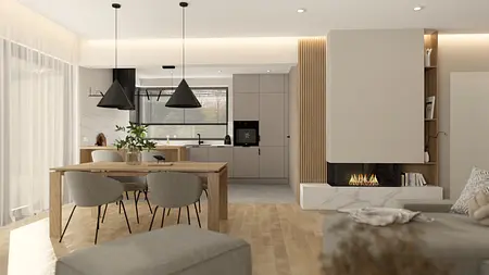 Wnętrze kuchni w stylu japandi, minimalistycznym i skandynawskim z drewnianym blatem.