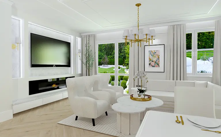 Wnętrze salonu w stylu glamour i współczesnym z białymi meblami i dużymi oknami.