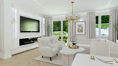 Wnętrze salonu w stylu glamour i współczesnym z białymi meblami i dużymi oknami.
