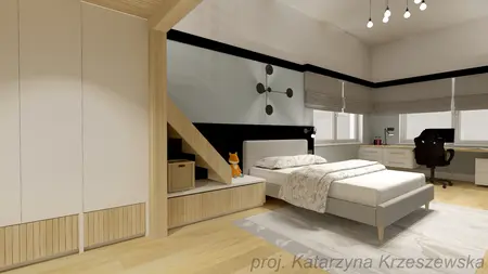 Wnętrze sypialni z jasnymi meblami, ciemnymi akcentami i biurkiem.