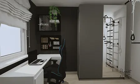 Wnętrze pokoju z biurkiem, szafą i rośliną w stylu współczesnym.