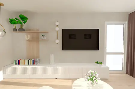 Wnętrze salonu z białą szafką, telewizorem i roślinami