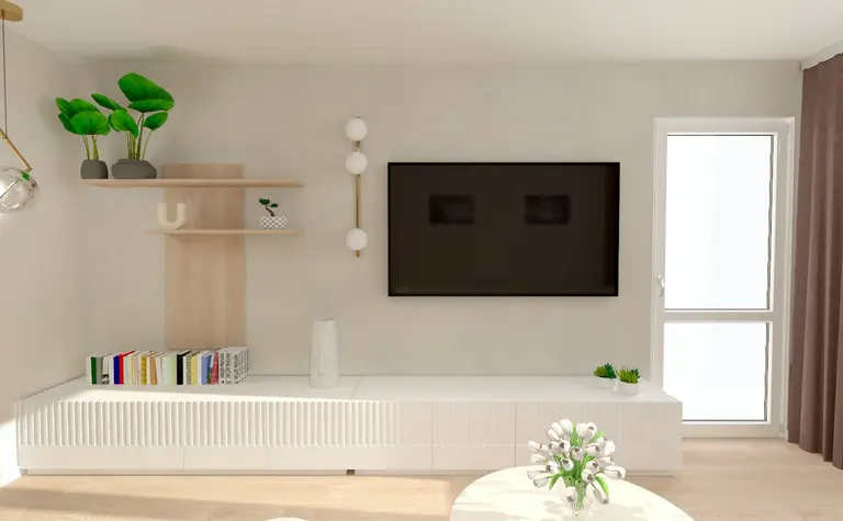 Wnętrze salonu z białą szafką, telewizorem i roślinami