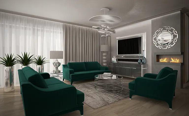 Wnętrze salonu w stylu glamour z nowoczesnym kominkiem i zielonymi meblami.