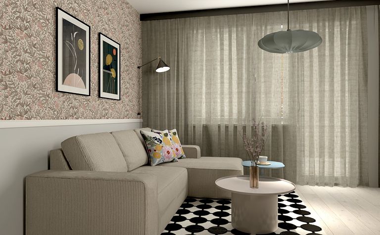 Wnętrze salonu z minimalistycznym designem, beżowa sofa, drewniane akcenty i nowoczesne obrazy.