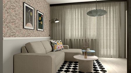 Wnętrze salonu z minimalistycznym designem, beżowa sofa, drewniane akcenty i nowoczesne obrazy.
