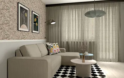 Wnętrze salonu z minimalistycznym designem, beżowa sofa, drewniane akcenty i nowoczesne obrazy.